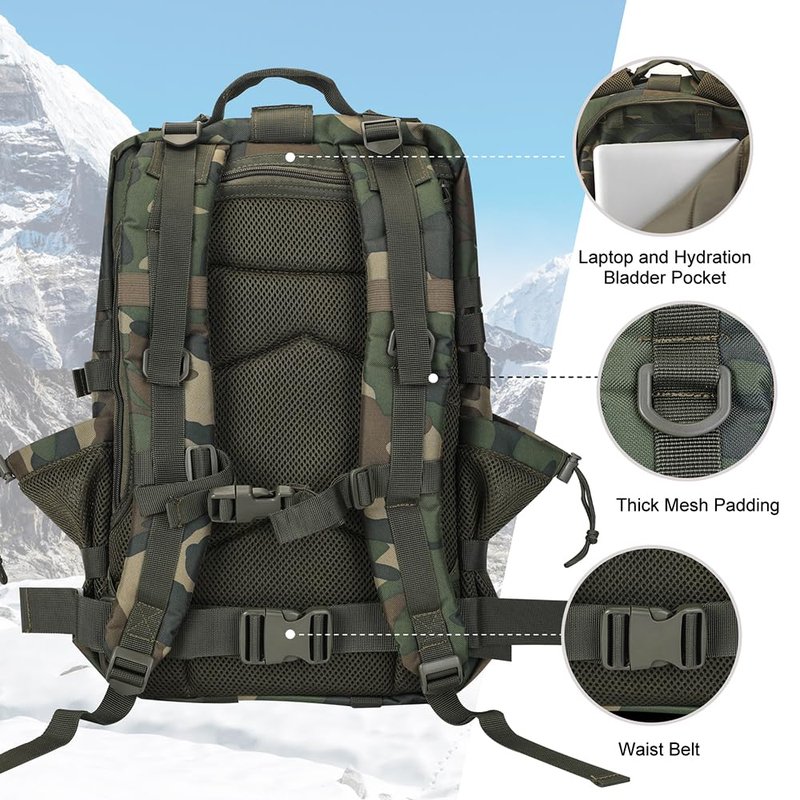 Hannibal Tactical 45L MOLLE Assault Backpack, Tactical Backpack Military Army Camping Rucksack with Bottle Holder, 3-Day Pack Trip w/USA Flag Patch, D-Rings, US Woodland