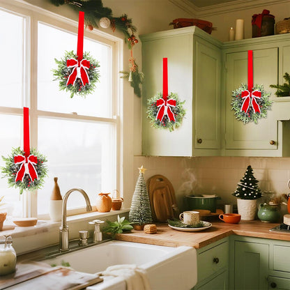 Hausse 6 Pcs Christmas Wreath, 12" Christmas Mini Wreaths for Cabinets with Red Bows, Artificial Small Xmas Wreaths Hanging Decoration Garlands for Kitchen Window Farmhouse Chair Wall Front Door
