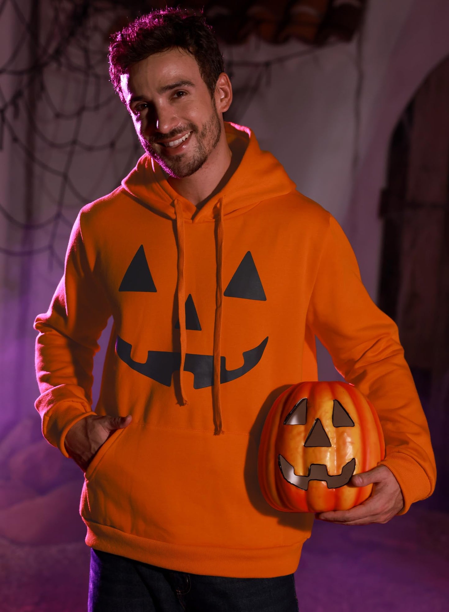 Arvilhill Men's Stylish Halloween Sweatshirt Long Sleeve Pumpkin Hoodie Jack O' Lantern Daily Costume Drawstring Orange XL