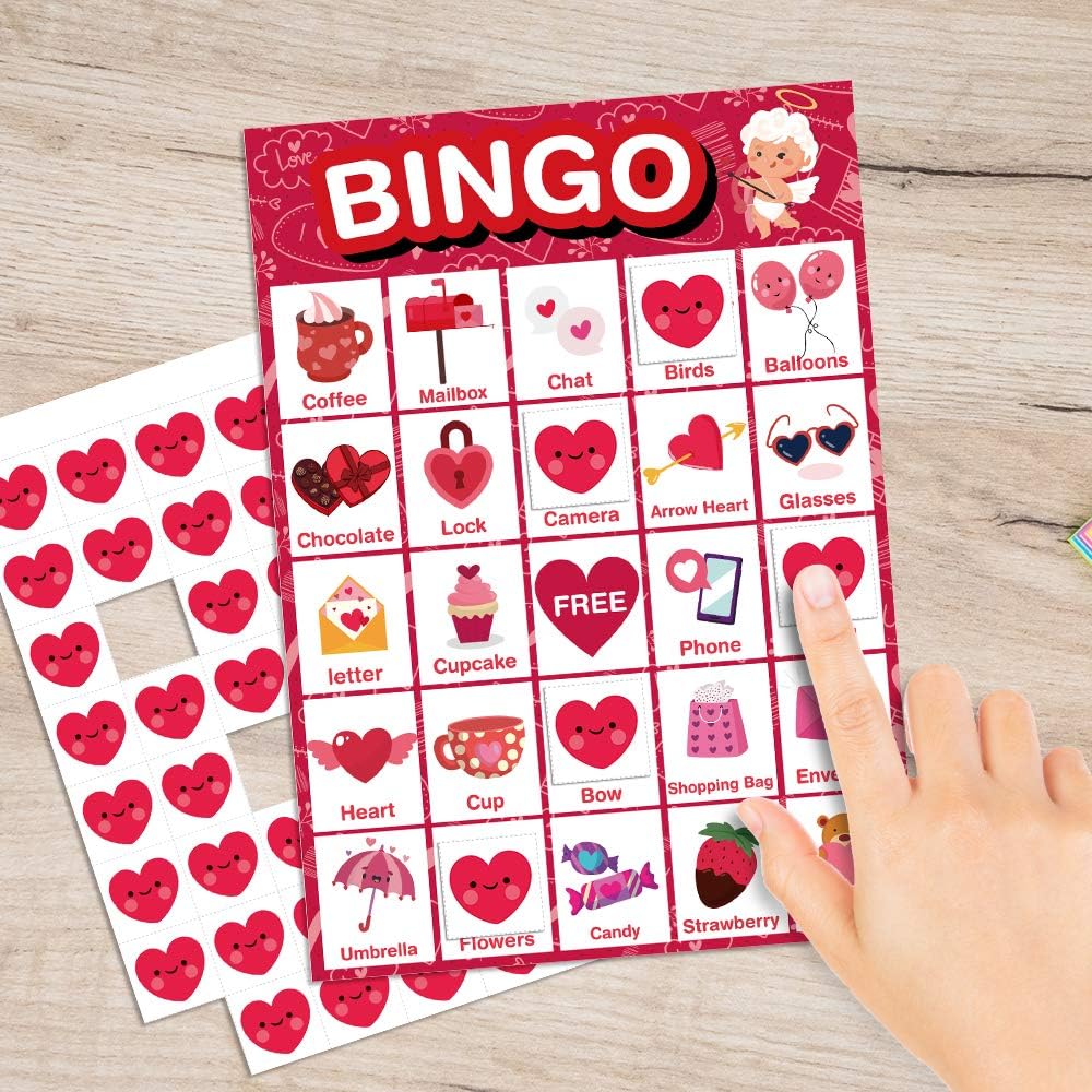 Officygnet Valentine's Day Bingo Game Cards, 32 Players for Kids Party Card Games, School Classroom Group Games, Family Activity, Valentines Party Favors Supplies