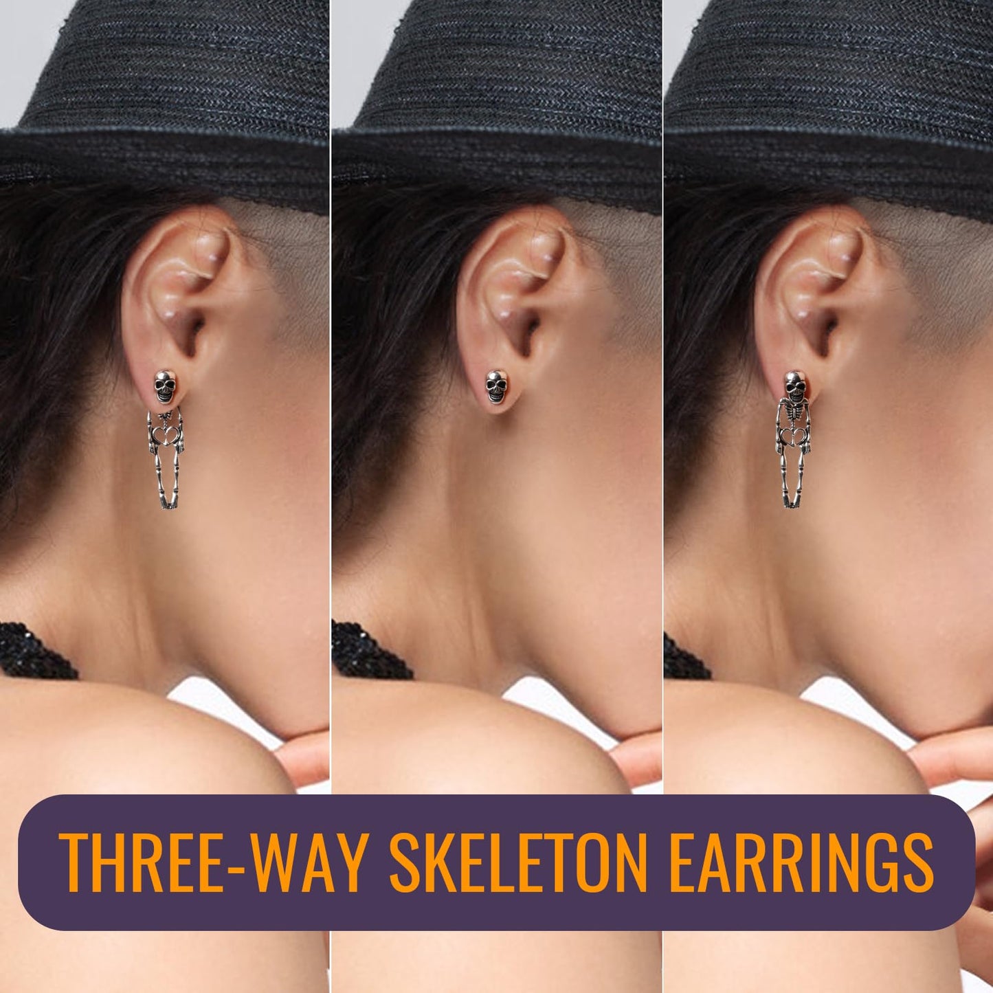 Halloween Earrings Silver, Skeleton Skull Dangle Earrings Jewelry for Women, Ideal for Halloween Party Cosplay(1 Pair Stud Style)