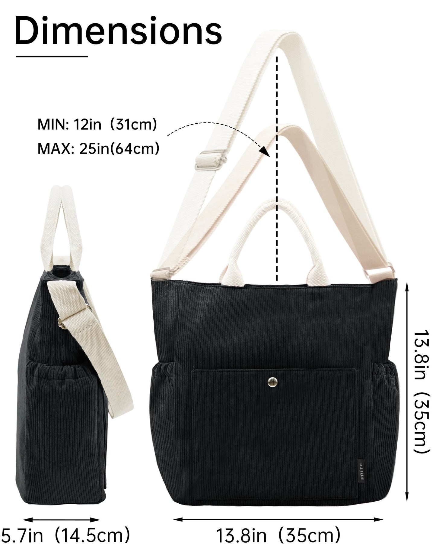 Prite Corduroy Tote Bag for Women with Zipper Large Capacity Shoulder Bags with Adjustable Strap and Pockets Waterproof Handbag for Work School Shopping Travel College (Black)