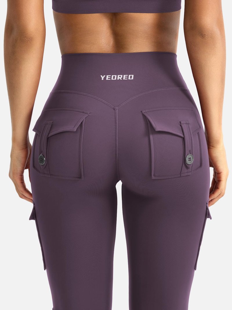 YEOREO CoreFlex Women Workout Flare Leggings with Pockets Hidden Scrunch High Waisted Cargo Gym Yoga Leggings Dark Berry XS