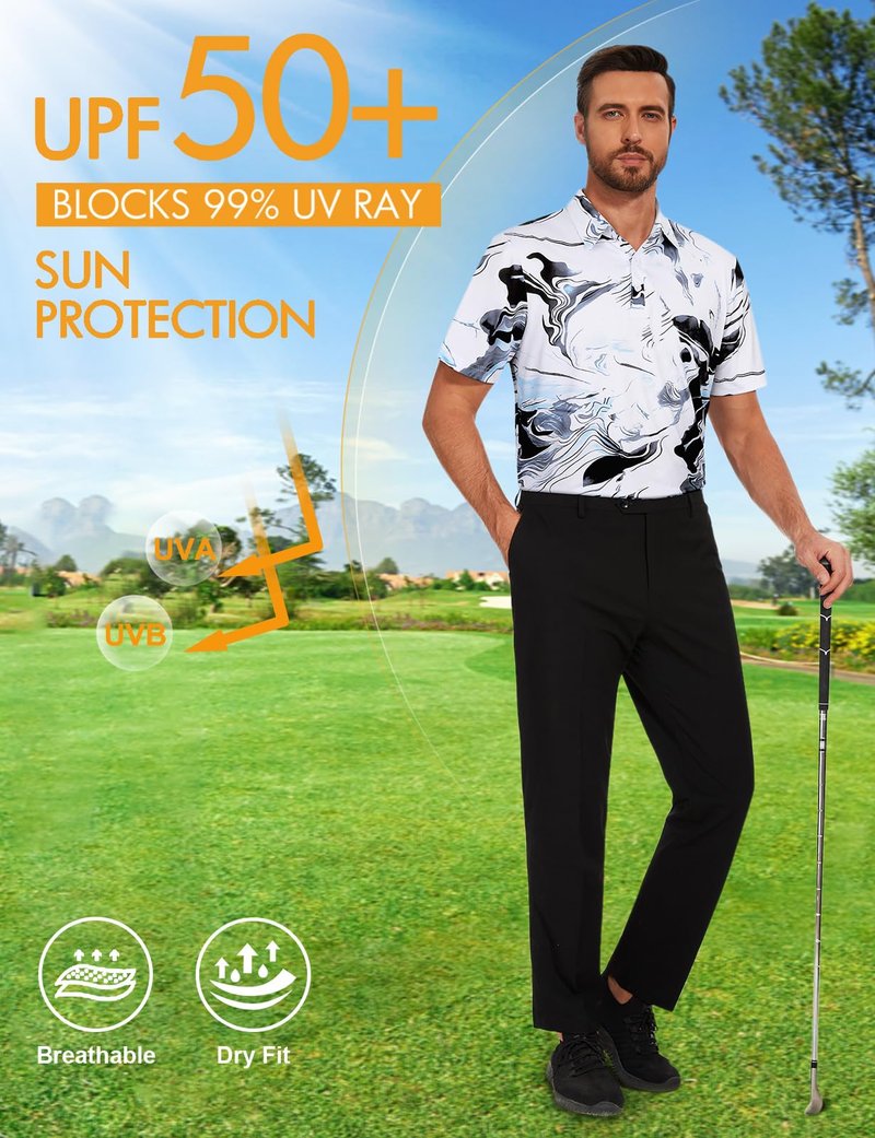 Viracy Golf Shirts for Men Dry Fit Short Sleeve Mens Golf Shirt Performance Moisture Wicking Collared Polo Shirts for Men Ink-Wash Printed-Medium