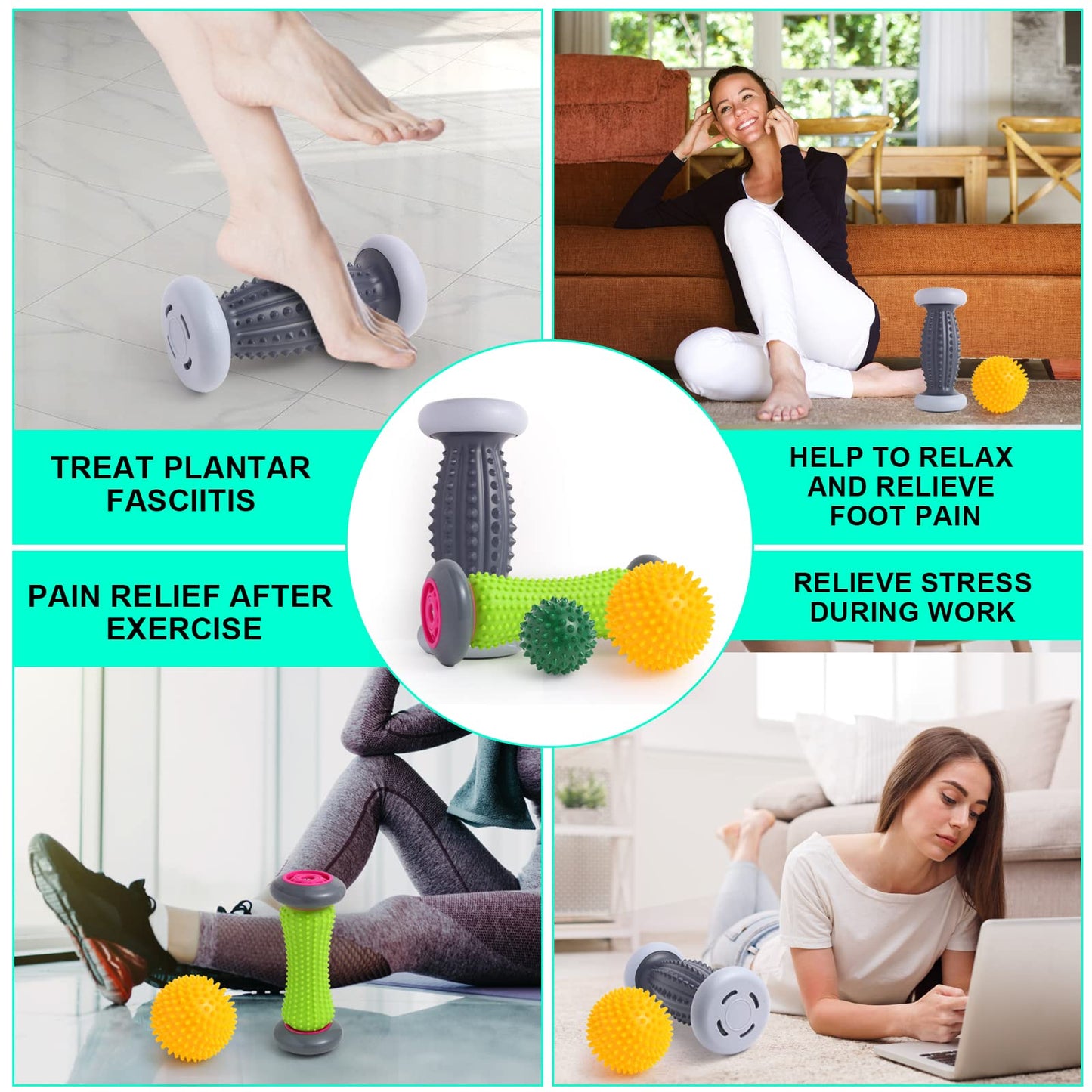 EliaValth Plantar Fasciitis Relief, Foot Roller & Massager for Plantar Fasciitis, Neuropathy & Reflexology - 2 Foot Massage Roller & Ball (Green, Large)