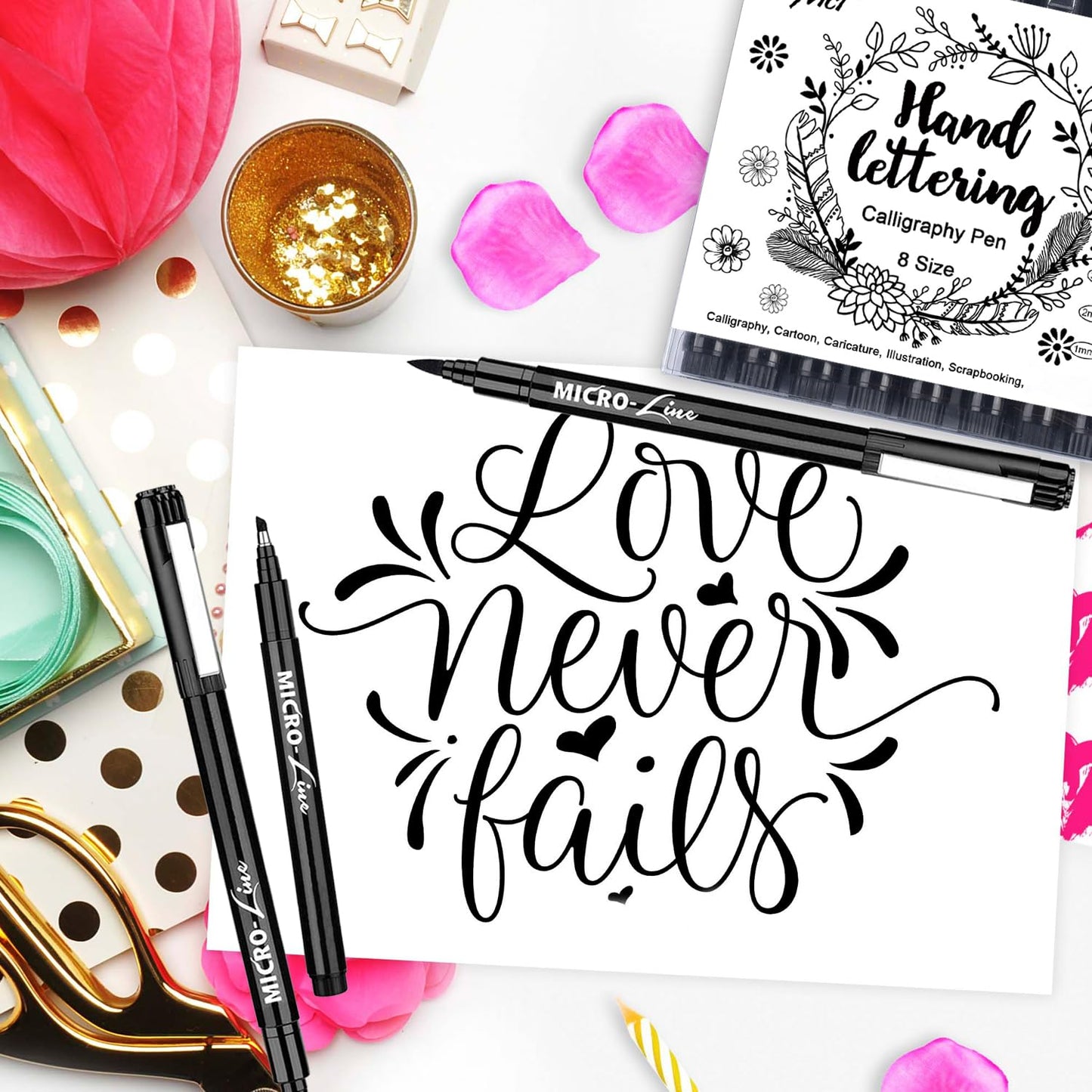 Dyvicl Hand Lettering Pens, Calligraphy Brush Pens Art Markers for Beginners Writing, Sketching, Drawing, Illustration, Scrapbooking, Journaling, Black Ink Pen Set, 8 Sizes