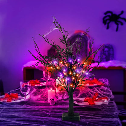 Timer - 24 Inch Lighted Halloween Tree with Orange & Purple LED Lights Black Tree Battery Operated Tabletop Spooky Tree for Halloween Decorations Indoor Home Table Party Holiday Festival Decor