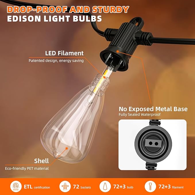 Kawaya Outdoor Lights String LED Patio Lights: 150FT Waterproof Commercial Grade Vintage String Lights for Outside - 72+3 Shatterproof ST38 Edison Bulbs for Porch Bistro Backyard Cafe (75FTx2)