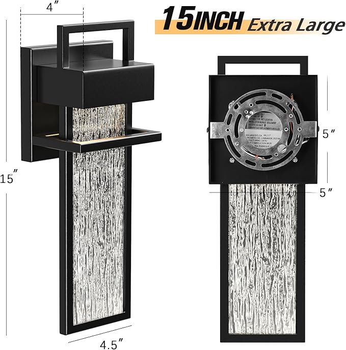 15'' Outdoor Wall Lights 2 Packs, Modern Porch Light 3000K Integrated LED Outdoor Sconce, Exterior Lighting Fixtures with Rippled Glass, Waterproof Outside Lights for House Garage Patio, Black