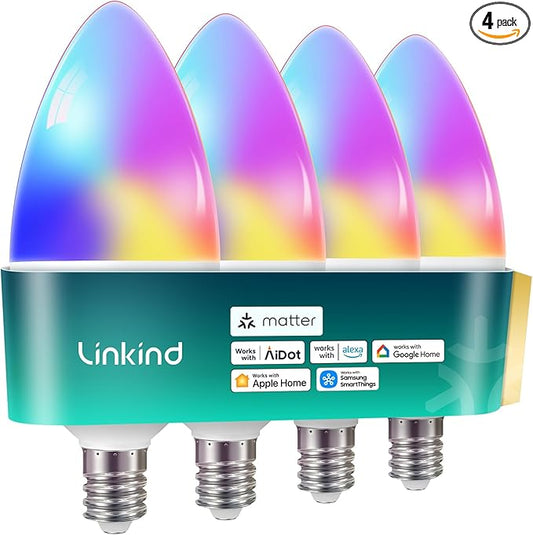 Linkind Matter Smart Bulbs, E12 Led Bulb Works with Alexa/Apple Home/Google Home, Smart Light Bulbs, WiFi Candelabra B11 Bulbs, RGBTW Color Changing Light Bulb, 2.4Ghz WiFi Bulb, 470 LM 4 Pack