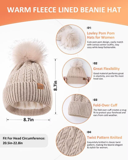 Winter Beanie Hat Scarf Gloves Set for Women, Pom Pom Beanie with Fleece Lined Long Knit Neck Warmer Fingers Touchscreen Gloves, Fashionable Cute Warm 3 in 1 Gift Set for Cold Weather(A-07) Camel