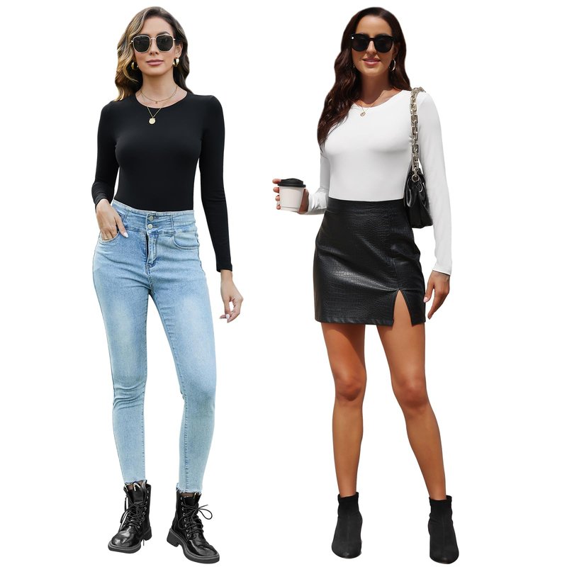 BALENNZ Long Sleeve Bodysuits Pack Brown Long Sleeve Bodysuit Round Neck Black Bodysuit Pack Fall White Body Suit Womens Bodysuit Tops 4BS