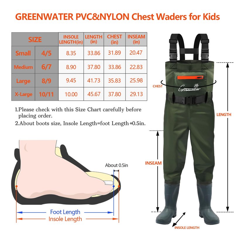GREENWATER Kids Chest Waders Youth Fishing Waders with Boots Waterproof for Children Boys Girls Hanger & Bag Included (GREEN, 6-7Y)