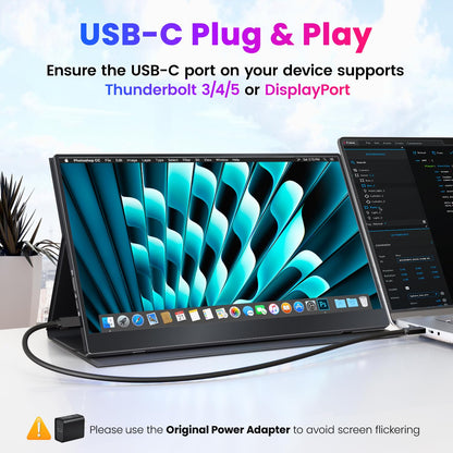 Portable Monitor 15.6" FHD 87% sRGB 60Hz IPS HDR HDMI USB-C Travel Monitor for Laptop MacBook PC Surface PS5 Xbox, External Display with Kickstand & Speakers, VESA Compatible