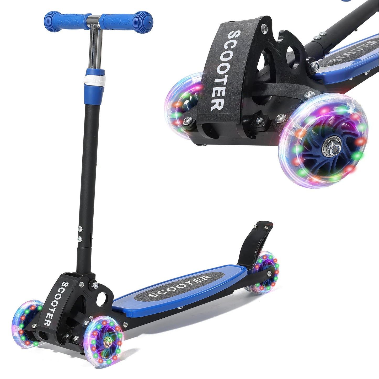 HOSKO Kick Scooter for Kids 2-7 Age， Light up 3 Wheels Kick Scooter, Heavy Duty Folding Lean-to-Steer Scooters with 3 Adjustable Handlebar for Boys Girls Blue