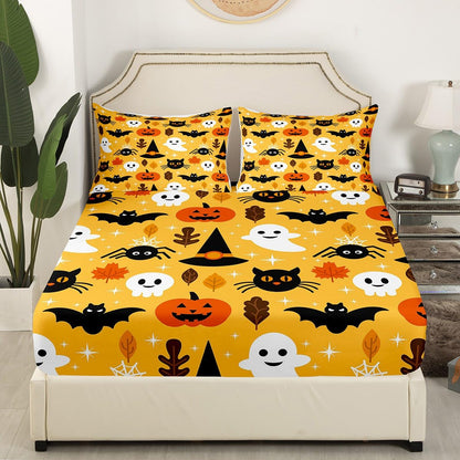 Erosebridal Halloween Fitted Sheet Twin Cartoon Pumpkin Sheet Set Lantern Bedding Ghost Bed Cover for Kids Boys Girls Bedroom Decor 2 Pcs Bedding Set (1 Fitted Sheet 1 Pillow Case) Orange