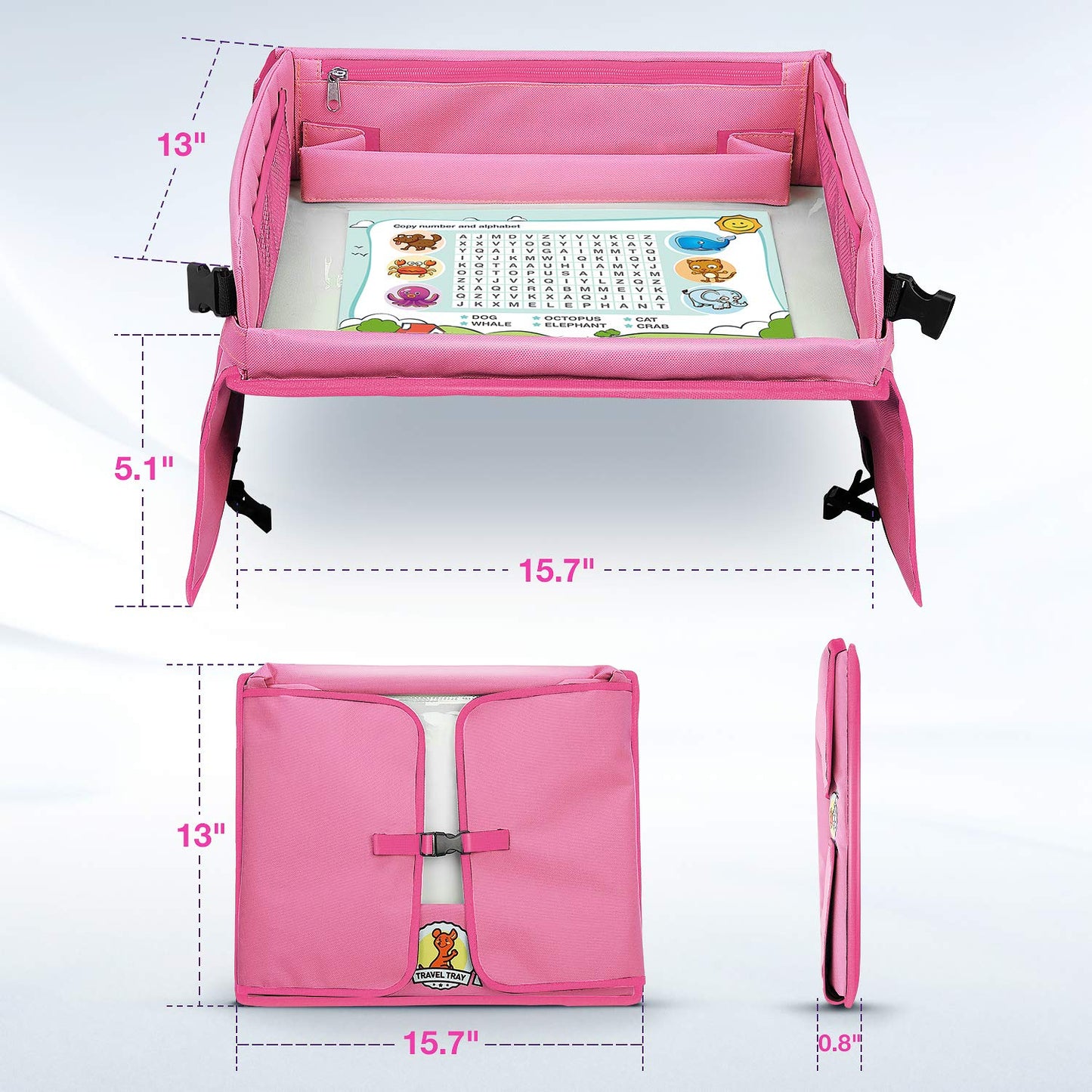 lenbest Travel Tray, Indoor & Outdoor Learning Educational Toys Play Tray Lap Desk with Dry Erase Top - 6 Pens & 5 Drawing Papers - Multifunctional Activity Tray for Kids Toddlers Boys Girls (Pink)