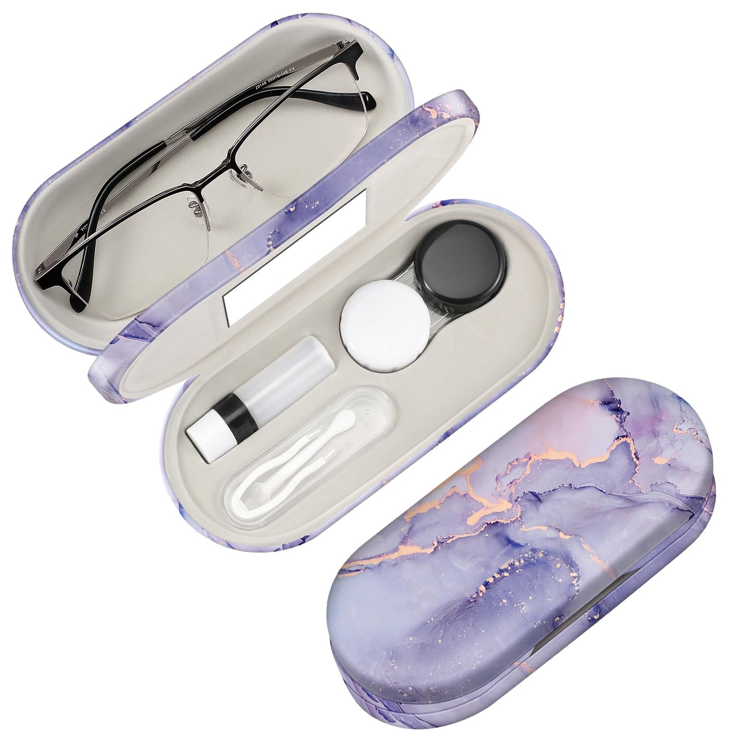 Fintie 2 in 1 Contact Lens Case and Eyeglasses Case, Double Sided Portable Eyeglasses Travel Holder with Built-in Mirror, Tweezer and Contact Lens Solution Bottle Included, Lilac Marble