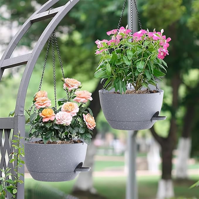 10 Inch Hanging Baskets 2 PC with Chains, Self-Watering Hanging Planters for Indoor Outdoor Plants, Plastic Hanging Flower Pots,Speckled Grey