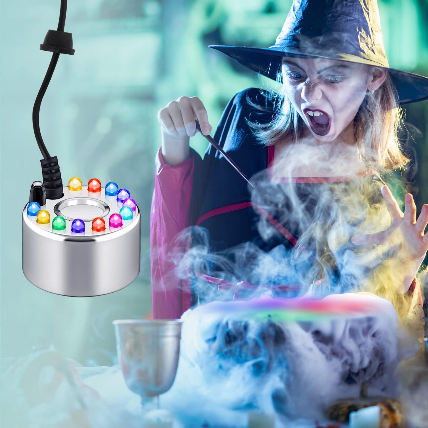2 Pcs Mist Maker Fogger Small Ultrasonic Fog Machine Fountain Halloween Cauldron Mister Fogger Water Garden Pond Foggers Air Humidifier with 12 LED Light Flashes for Party(Light, Alloy)