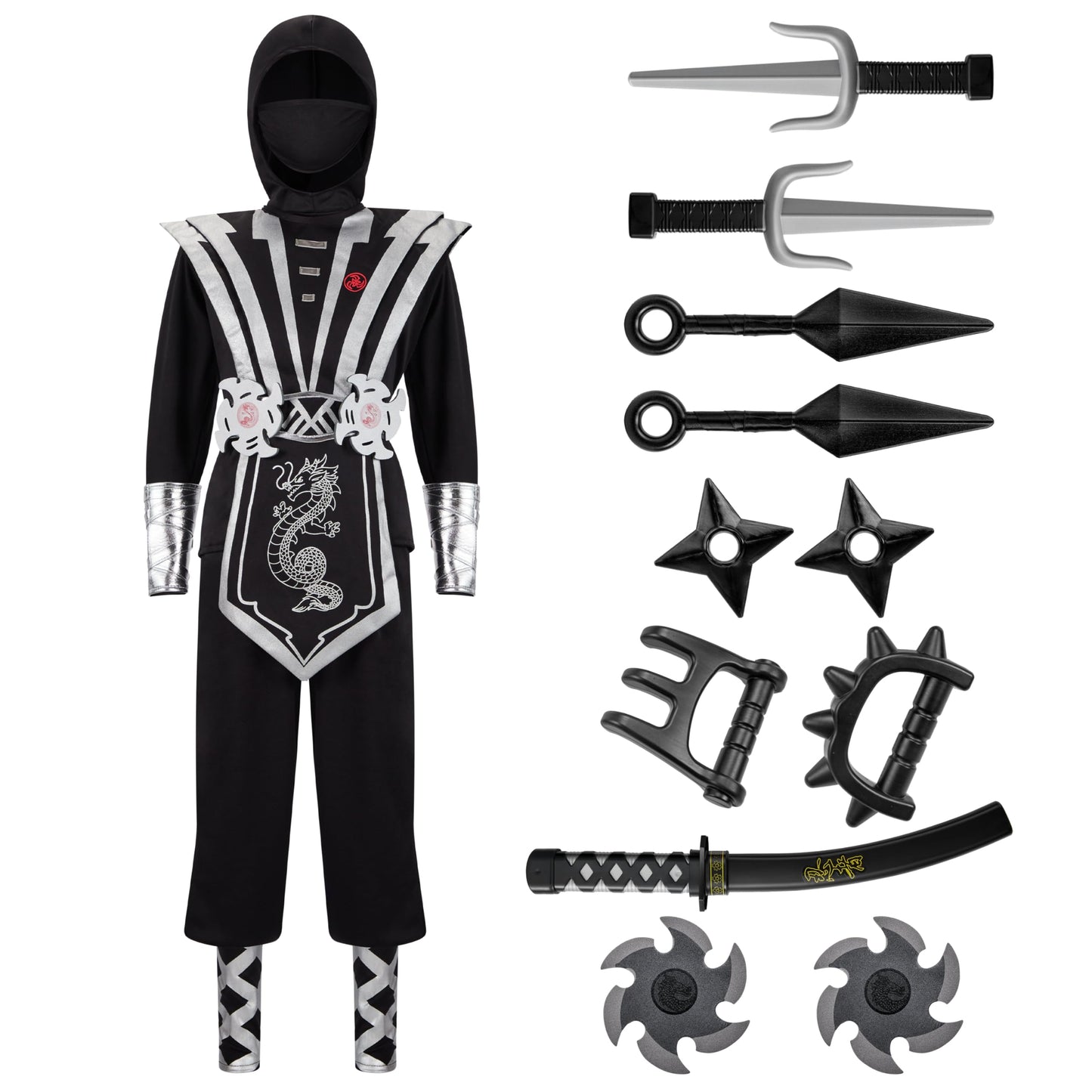 Spooktacular Creations Halloween Ninja Costume for Kids, Silver Boys Ninja Costume, Toddler Accessories Outfit Set for Dress Up and Cosplay Party, S