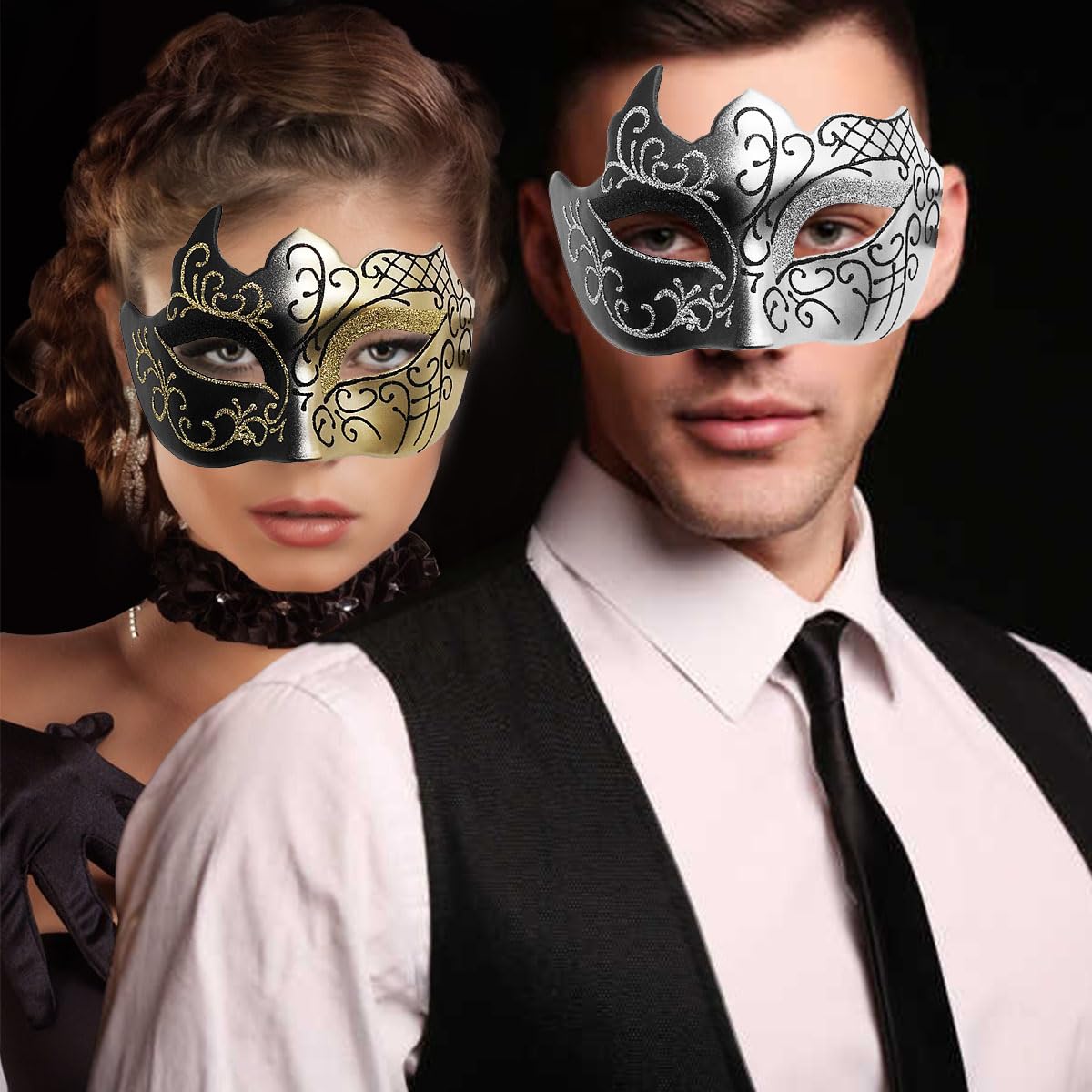 Masquerade Mask for Men Couple Venetian Mask for Halloween Mardi Gras Costume Party Prom Ball (Black+Silver)