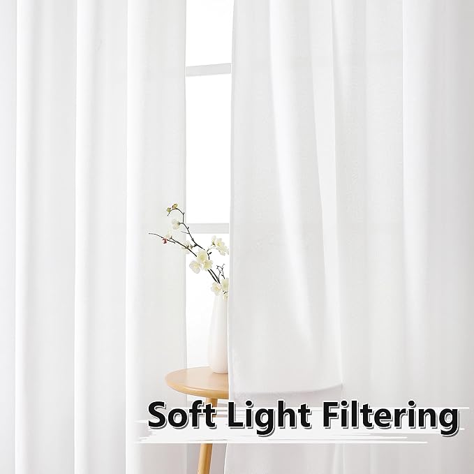 Tollpiz Linen Curtains Bedroom Rod Pocket Semi Sheer Curtain Burlap Light Filtering Thick Linen Drapes for Living Room, 54 x 84 inches Long, White, Set of 2 Panels