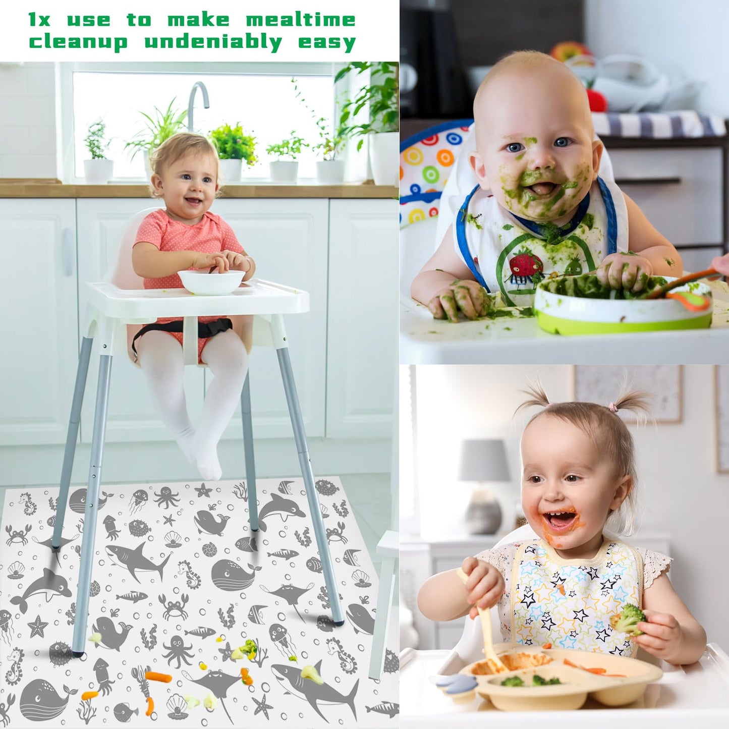 Drydiet 100 Pack 28"x47" Disposable Floor Splat Mats for Under High Chair with Animals Print, Waterproof Plastic Floor Mat Multipurpose Baby Led Weaning Supplies(Sea Animal)