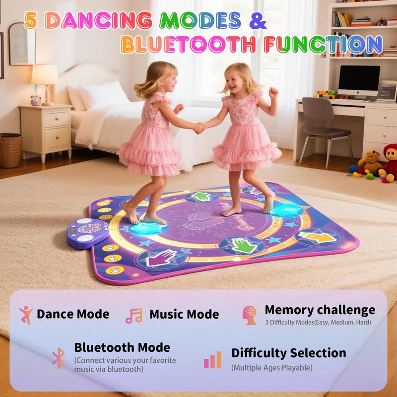 Dance Mat Toys for 3-12 Year Old Girls & Boys, Dance Mats with Light Up 8-Buttons & Wireless Bluetooth, Music Dance Toy with 5 Modes Game, Birthday Xmas Gifts for 3 4 5 6 7 8 9 10+ Year Old Girls Boys