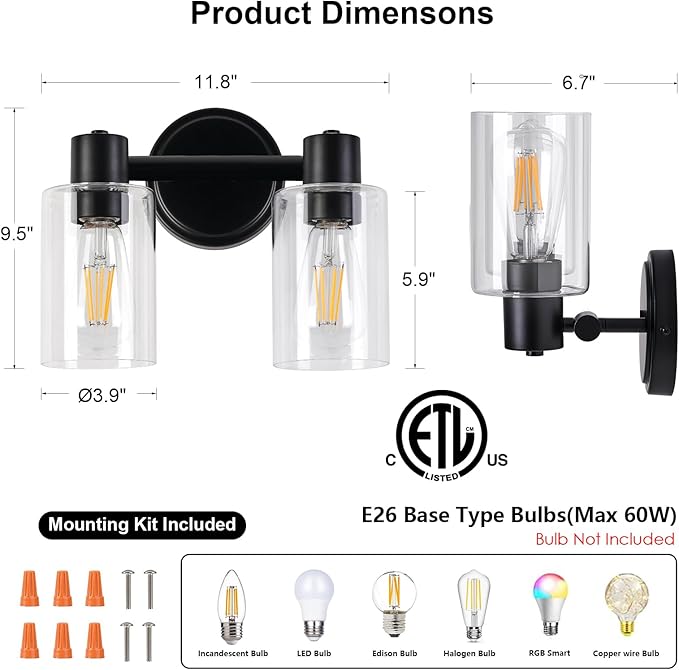 2 Light Bathroom Wall Light Fixtures Black Bathroom Wall Sconce with Clear Glass Lights Over Mirror Vanity Lights E26 Base