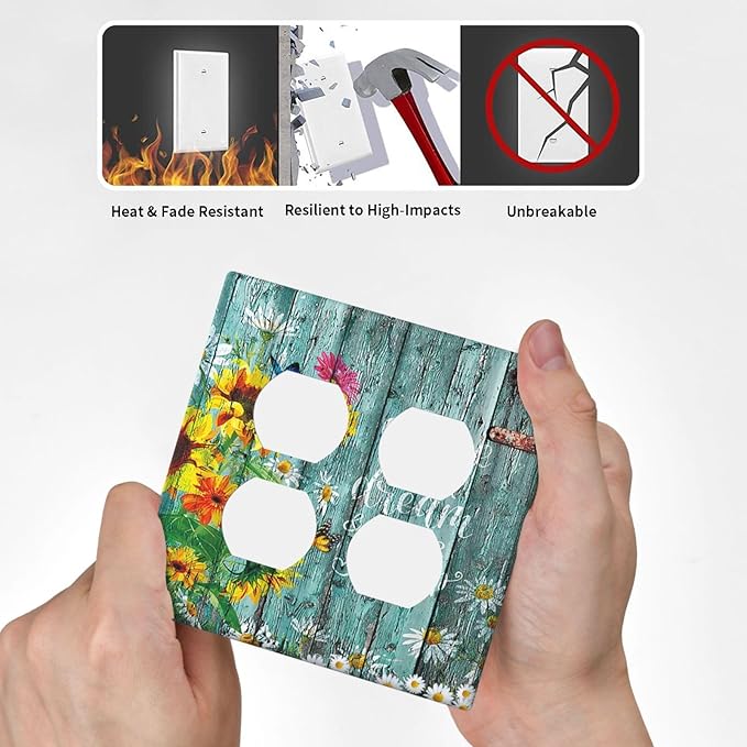 Decorative Light Switch Cover Plate Rustic Vintage Wood Planks Sunflower Butterfly 2 Gang Socket Covers Double Duplex Wallplates Switch Plates and Outlet Covers for Bathroom Home Decor