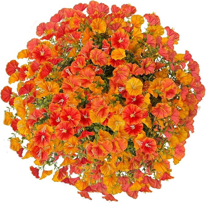Florielle Artificial Hanging Faux Flowers Basket, Fake Silk Petunias Plants Arrangement,for Summer Fall Outdoor Decoration,UV Resistant, Morning Glorias,for Home Garden Decor (Orange&Yellow)