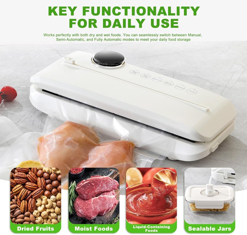 Food Vacuum Sealer Machine - High Suction 85Kpa | One-Touch Dry & Wet Mode, Compact Design for Kitchen Storage & Meal Prep