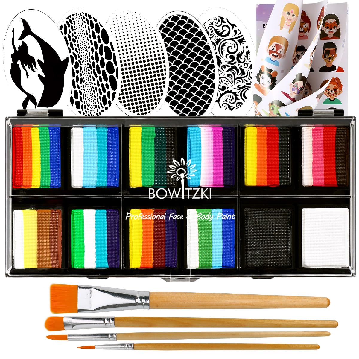 Bowitzki Face Paint Kit Professional Split Cake Face Painting Set For Kids Adults 12x10 gm with Stencil One Stroke Non Toxic Rainbow Flora Dolphin Unicorn Flame Body Paint Halloween Christmas Makeup