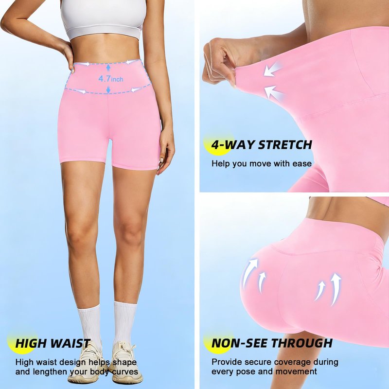 FULLSOFT High Waisted Biker Shorts for Women-5" Tummy Control Fitness Athletic Workout Running Yoga Gym Volleyball Lounge Travel Summer Pilates Shorts Birthday Gifts(Light Pink,Large-X-Large)