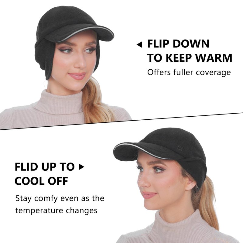 GADIEMKENSD Fleece Winter Hats for Women Reflective Ponytail Hat with Ear Flap Drop Down Ear Warmer Visor Beanie Double Ponytails Hole Baseball Cap for Running Skiing Workout Black