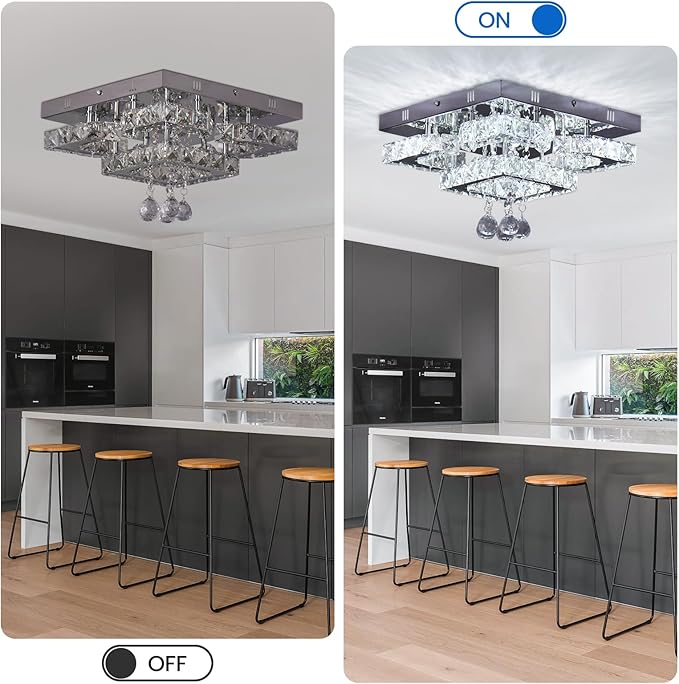 CXGLEAMING 11.8" Modern Crystal Chandelier LED Ceiling Light Fixture Suitable for Kitchen Corridor Hallway Bedroom Bathroom Dining Room 4 Petals/Raindrop Ball Square Wall Switch （White Light）