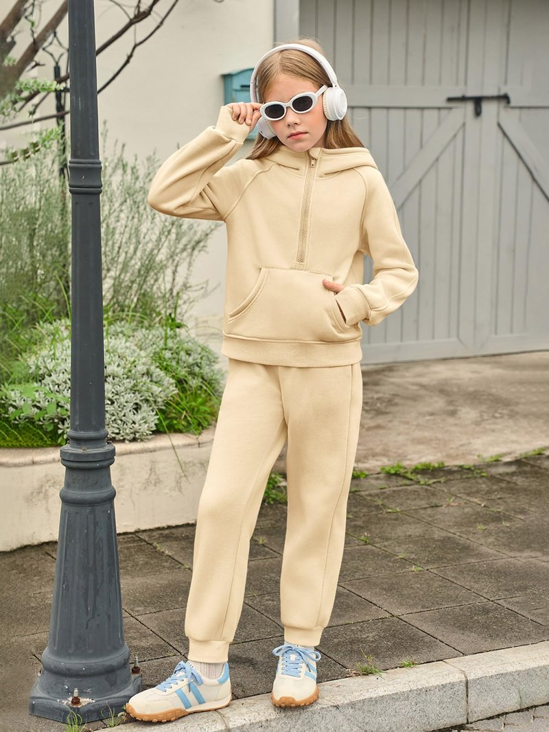 Girls 2 Piece Outfits Sweatsuit Kids Fleece Half Zip Hoodies Sweatshirt and Sweatpants Set with Pockets