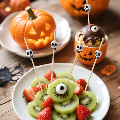 Minisland Halloween White Skull Cocktail Picks, 4.7 Inch Long Bamboo Fancy Toothpicks for Appetizers, Decorative Fall Holiday Party Food Drinks Garnish Fruit Kabob Skewer Sticks 100 Counts - MSL127W