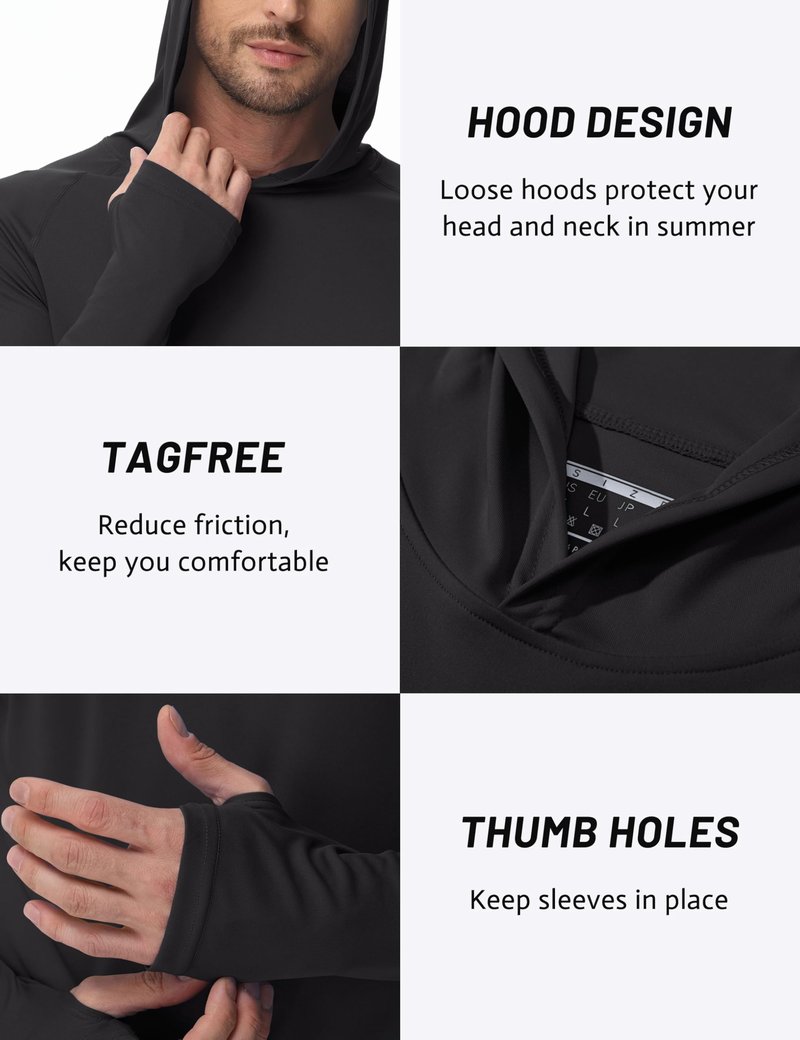 TACVASEN Long Sleeve Shirts for Men Lightweight Hoodie Men Dry Fit Active Hooded Shirts Sun Protection Hoodies SPF Tee Black L
