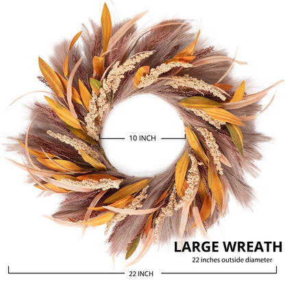 Fall Wreath 22-24inch Autumn Door Wreath with Yellow Leaves, Light Brown Reeds,Beige Wheat Ears for Farmhouse Indoor Outdoor Window Wall Thanksgiving Decor