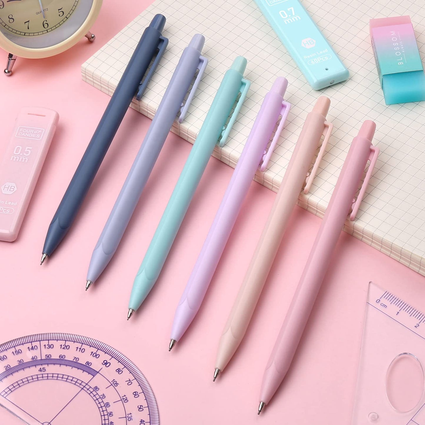 Four Candies Cute Mechanical Pencil Set, 6PCS Pastel Mechanical Pencils 0.5 & 0.7mm with 360PCS HB Leads, 3PCS Erasers and 9PCS Eraser Refills, Aesthetic School Supplies for Girls Writing