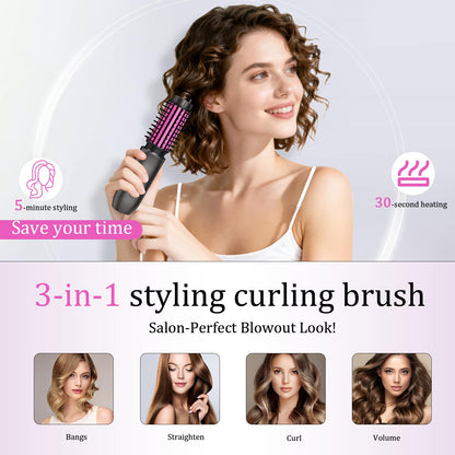 Cordless Hair Curling Iron Brush, Travel Curl Brush, 3-in-1 Portable Curling Iron Cordless, Plasma Thermal Hair Brush, 7000mAh USB Rechargeable Curlings Wand, Mini Hot Curlings Brush-Blush Pink