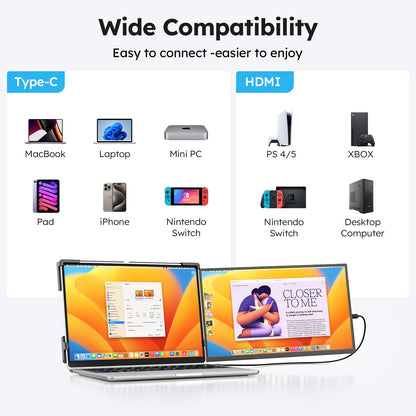 Laptop Screen Extender, 14" FHD 1200P IPS External Portable Monitor for Laptop, Plug & Play Dual Screen Monitor for 14"-17" Laptops, Compatible with Mac, Wins, Chrome, Android, Dex