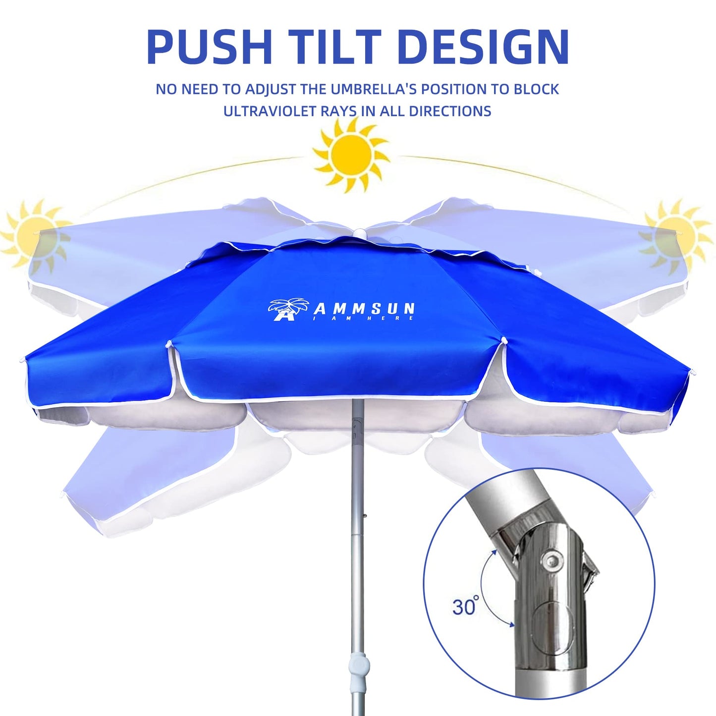 AMMSUN 6ft Folded Portable Travel Beach Umbrella with Sand Anchor Tilt Air vent UPF 50+UV Protection Fit In Suitcase Compact Foldable Telescopic umbrellas for Patio Garden Beach Pool Blue