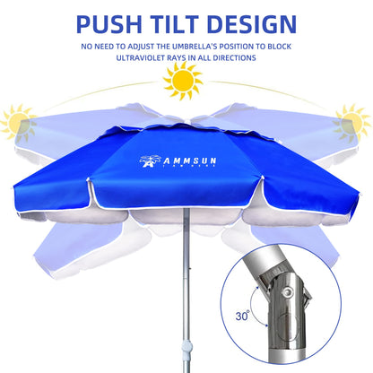 AMMSUN 6ft Folded Portable Travel Beach Umbrella with Sand Anchor Tilt Air vent UPF 50+UV Protection Fit In Suitcase Compact Foldable Telescopic umbrellas for Patio Garden Beach Pool Blue