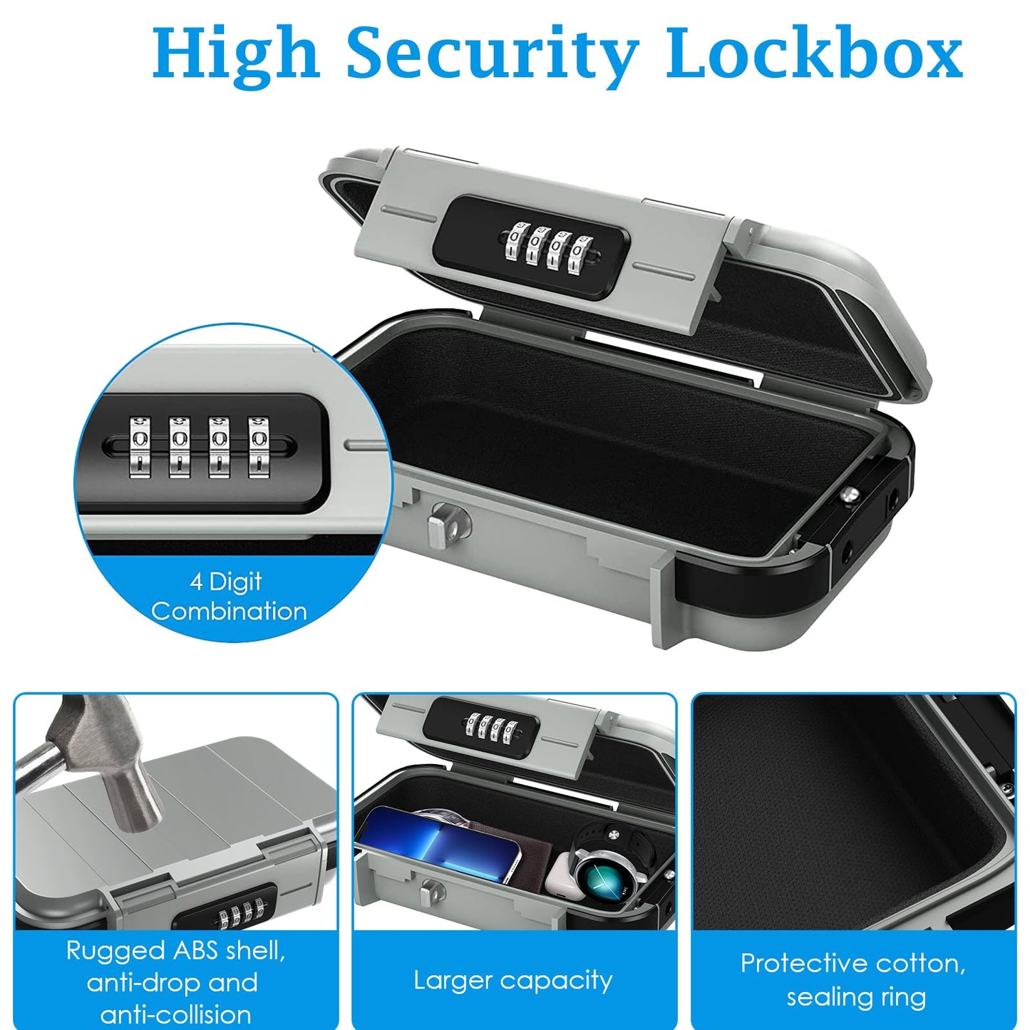 AMIR Portable Safe Box, Combination Security Case LockBox with Code, Waterproof Anti-Theft Mini Travel Safe Box with Removable Chain, Security Box for Home,Office, Grey