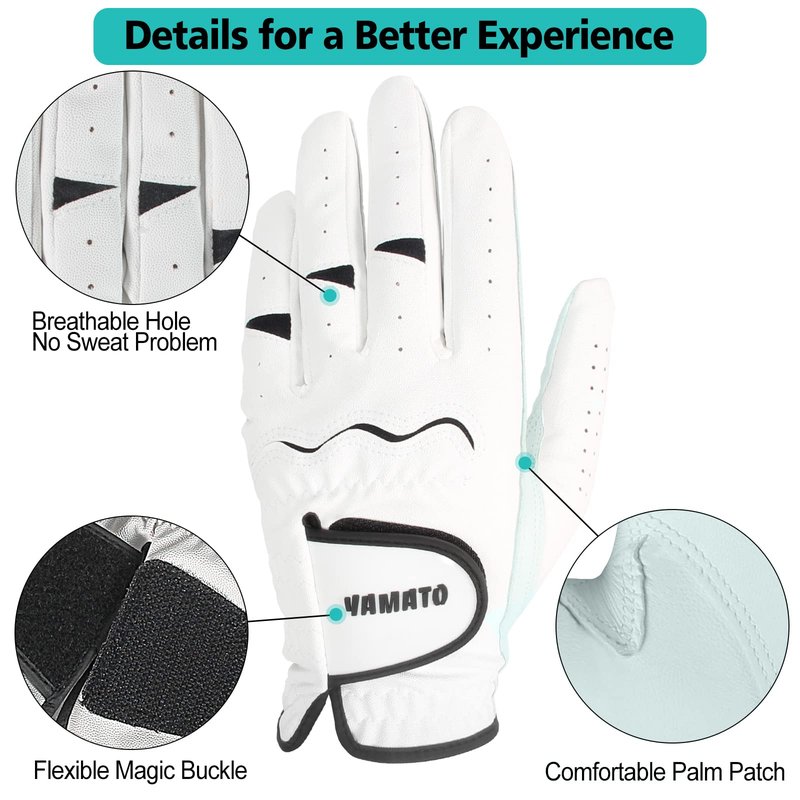 Yamato 3 Pack Men's Golf Gloves - Durable White Cabretta Leather, All Weather, Right Handed, Breathable, Grip Soft Comfortable for Golfers