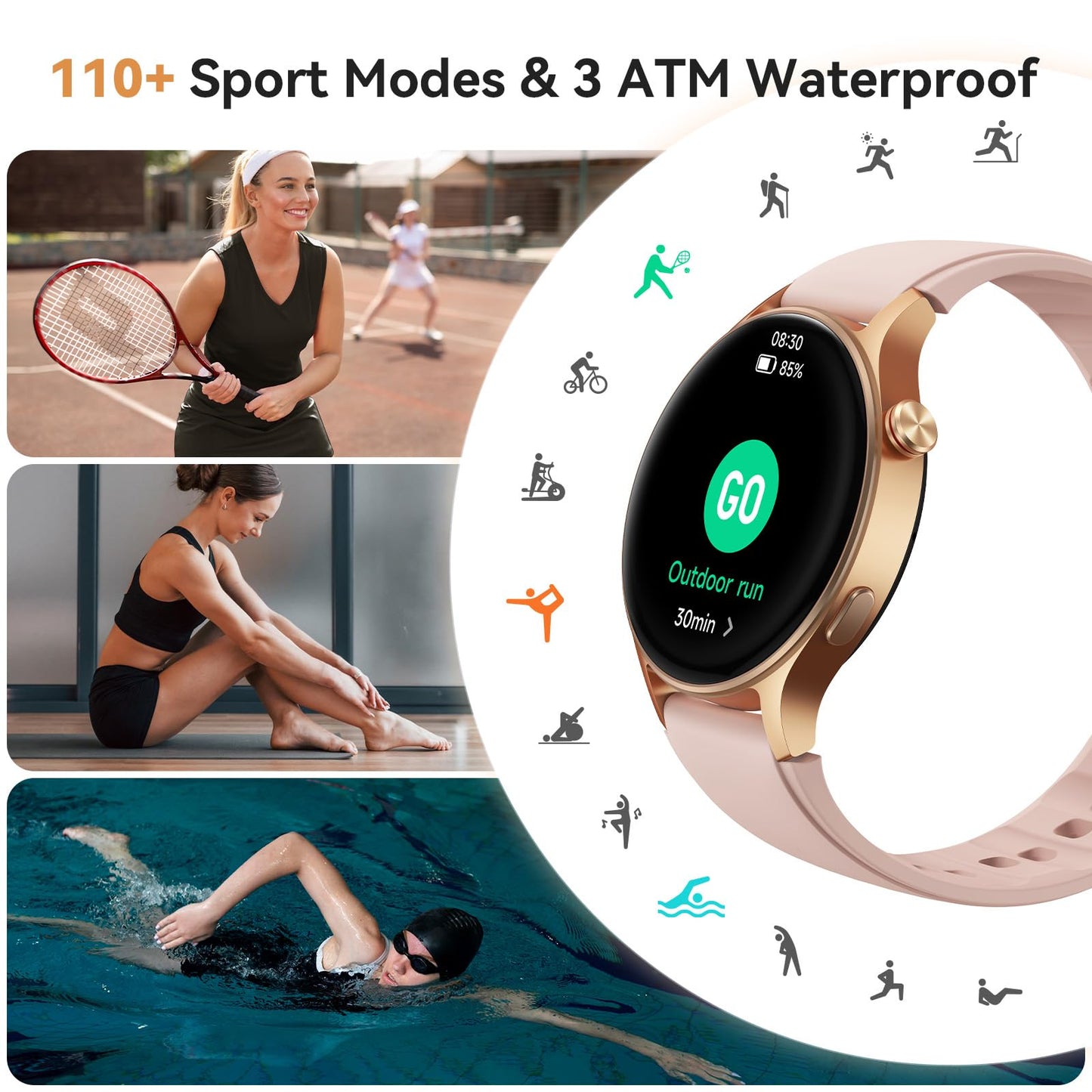 aeac Smart Watch for Women, 1.32'' AMOLED Ultra-Clear Screen Activity Trackers with Heart Rate/Sleep/SpO2 Monitor, Smartwatch for iPhone/Samsung/Android, 110+ Sport Modes 3ATM Waterproof Fitness Watch