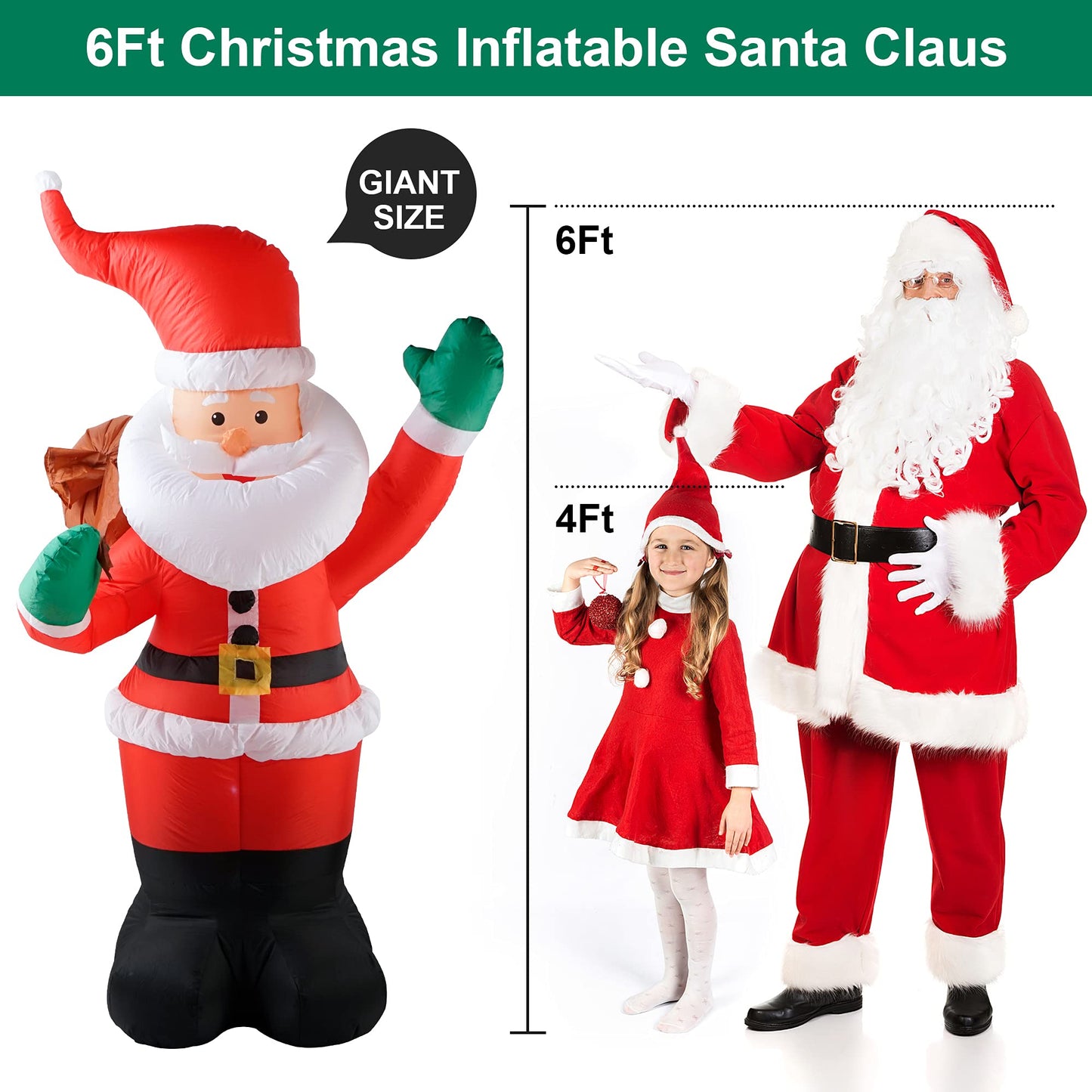 COOLWUFAN 6 FT Christmas Inflatables Santa Claus with Gifts Bag, Christmas Inflatables Outdoor Decorations, Built-in LED Lights Holiday Blow Up Yard Decoration Clearance for Yard, Holiday, Parties